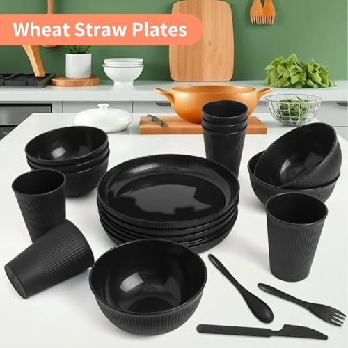 36 Pcs Wheat Straw Dinnerware Set,Dinnerware Sets for 6,Large Round Plates, Bowls and Cups, Unbreakable dish set, Dishwasher and Microwave Safe, Outdoor Camping Dishes (Black)