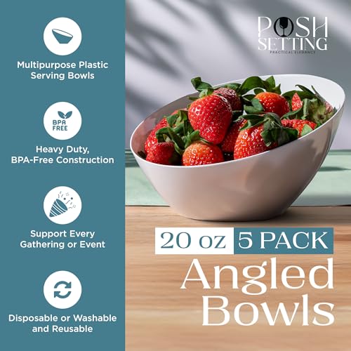 Posh Setting - White Plastic Serving Bowls for Party Angled Bowls Disposable Chip Bowls Candy Bowls for Party Table Salad and Fruit Bowls for Wedding Serving Bowls-White, 20 OZ, 5 Pack