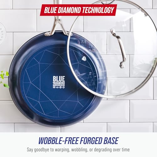 Blue Diamond 12" Nonstick Frying Pan with Lid, Diamond Infused PFAS-Free Ceramic Skillet, Dishwasher & Oven Safe, Stay Cool Handle, Durable Metal Utensil Safe, Glass Lid, Blue