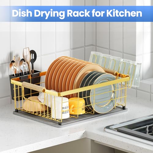 IBEDMAZIE Dish Drying Rack Gold with Diatomaceous Earth 1 Tier,Multifunctional Dish Racks for Kitchen Counter Quick-Drying,Large Capacity Space Saving with Cutlery Cups Holder