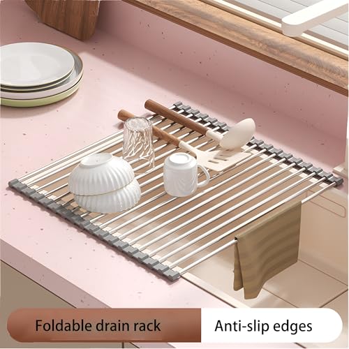 JAYWAYNE Roll Up Dish Drying Rack, Heavy Duty Stainless Steel Over The Sink Drainer, Foldable Space Saver with Heat Resistant Trivet Mat, 17.5 x 14 Inch