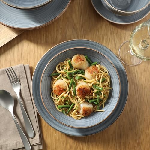 Gibson Home Stonebury 16 Piece Plates and Bowls Blue Dishes - Handpainted Stoneware Dinnerware Set - Service for 4
