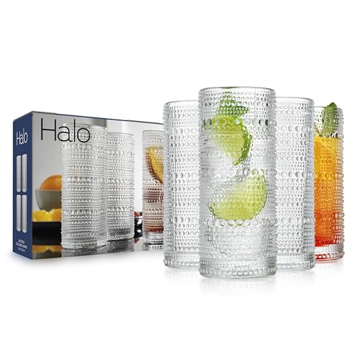 Glaver's Highball Drinking Glasses, 10.82 oz Sleek Hobnail Textured Glassware Modern Tall Tumblers set of 4 Iced Coffee Glasses, Highball Cocktail Set, Dishwasher Safe, Housewarming Gift Set