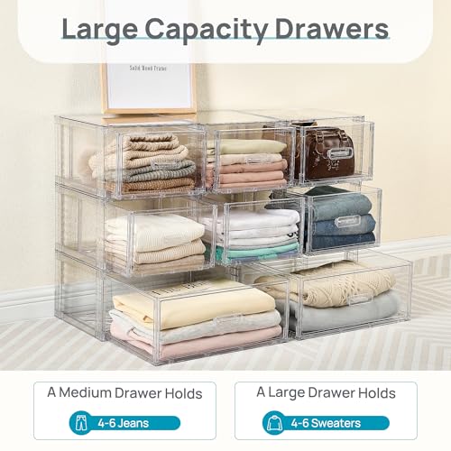 Vtopmart 4 Pack Clear Stackable Storage Drawers 15QT, Easily Assemble Closet Organizers,Plastic Storage Bins for Bathroom,Cabinet,Kitchen Pantry,Under Sink Organization(Medium)
