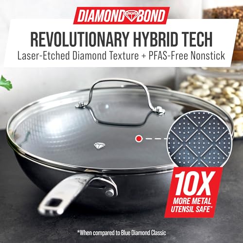 Blue Diamond Hybrid Nonstick Stainless Steel 12” Wok with Lid, PFAS-Free Ceramic Diamond Bond Stir-Fry Pan, Induction Ready, Dishwasher & Oven Safe, Metal Utensil Safe, Stay-Cool Handle, Silver