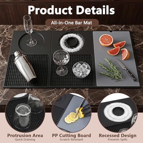 Dreamtop Bar Mat for Countertop - 3-Layer Multifunctional Foldable Silicone Cocktail Mat with Cutting Board, 22'' x 12'' Drying Mats, Bar Accessories for Home Bar Outdoor Picnic Camping Travel