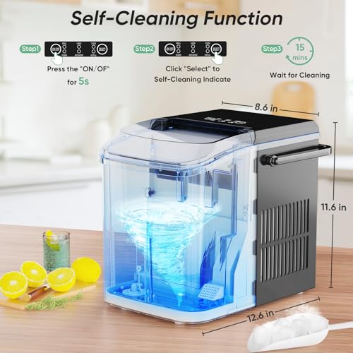 DUMOS Countertop Ice Maker with Handle, 26lbs/24H Portable Ice Machine, 9 Bullet Cubes Ready in 6 Mins, Self-Cleaning, Quiet Compact for Home, Kitchen, RV, Camping, Bright Black