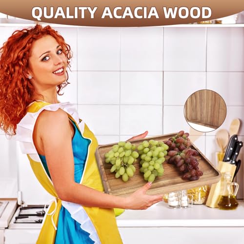 2 PCS 16 x 12 in Large Solid Acacia Wood Serving Trays Rectangular Wooden Serving Platters Natural Wooden Boards for Bar Coffee Party（Wood Log Color）