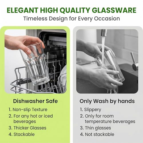 Mapoxy 16 oz Highball Glasses 6 Pack, Thick Lead-Free Glass Tumblers with Heavy Base, Clear Drinking Glasses for Water, Juice, Beer, Cocktails, Dishwasher Safe Bar Glassware, Ideal Gifts