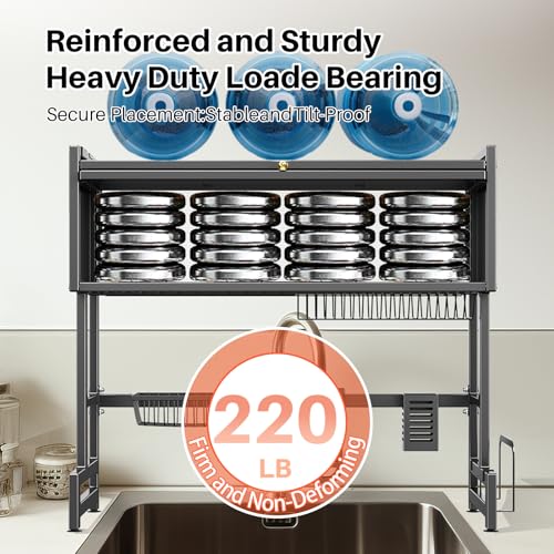 Over The Sink Dish Drainer Drying Rack 3 Tiers with Cover, Keep Kitchen Sink Shlef Organized Space-Saving Dish Drying Rack, Large Stainless Steel Sink Drying Rack for Dishes, Bowls, Cutlery (33.4"W)