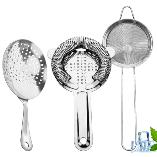 Cocktail Strainer-Stainless Steel Bar Tools Bartender Cocktail Strainer Set:Hawthorne Strainer,Julep Strainer and Conical Fine Mesh Strainer (Silver)