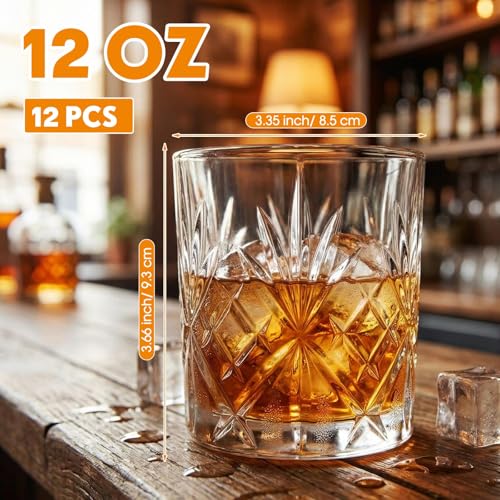 Yiyiring 12 Pcs Old Fashioned Whiskey Glasses 12 oz Elegant Crystal Whiskey Glasses Bourbon Cocktail Rocks Glass for Bourbon Scotch Liquor Cocktails Barware Men Gifts