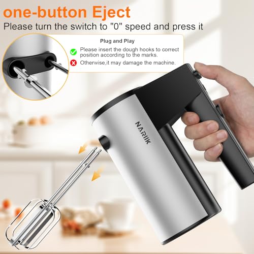 NARIIK Electric Hand Mixer, 660W Kitchen Handheld Mixer 5 Speed Self Control Whisk 304 Stainless Steel One Click Eject Dishwasher Safe Mixer for Cream Cookies Dough（Black）