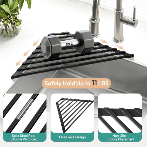romise Small Triangle Roll Up Dish Drying Rack for Sink Corner, Foldable Silicone Coated Stainless Steel Over Sink Rack, Space Saving Heat Resist Anti-Slip Anti-Rust Drainer Mat for Dish Fruit (Black)