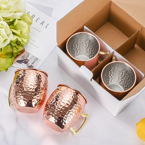 Amrules Moscow Mule Mugs Set of 4, 16 OZ Hammered Copper Cups with 304 Stainless Steel Lining and Gold Brass Handles, for Cold Drinks, Beer, Wine, Bars, Parties