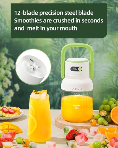 ZHENMI Portable Blender, Personal Blender for Smoothies & Shakes, Cordless, 33oz BPA-Free Vessel, 18000RPM Motor, Leakproof Lid with Sip Spout, USB-C Rechargeable, Easy-to-Clean Parts (Green)