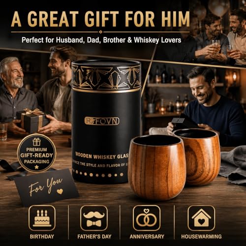 RIFOVN Wooden Whiskey Glasses 10oz, Rustic Bourbon Glasses, Birthday Gifts for Men, Husband, Dad, Brother, Home Bar Drinkware (2 Pack)