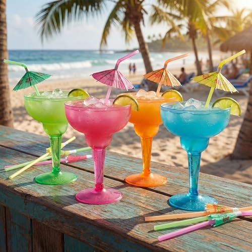 Honeydak 86 Pcs Plastic Margarita Glasses with Cocktail Straws, 36 Pcs 12 oz Disposable Margarita Glass Cups, 50 Pack Straws for Cocktails Summer Party Tropical Beverages, Multicolor(Hawaiian)