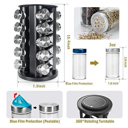 Tianifa Black Countertop Revolving Spice Rack, Empty 20-Jars Rotating Spice Rack Organizer, Round Carousel Tower, 135 Spice Labels with Funnel Complete Set, for Kitchen Countertop, Cabinet