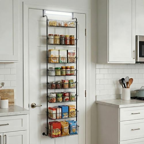 HOKOSFOKOS Over Door Organizer Storage - 8 Tier Black Metal Over the Door Pantry Organizer Heavy Duty Hanging Storage Rack, Behind Cabinet Shelves for Home, Kitchen, Bathroom, Closet, Pantry.