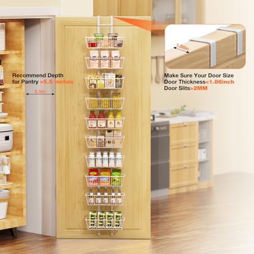 Hocookeper 10 Tier Over the Door Pantry Organizer, Over the Door Spice Rack with Adjustable Baskets, Metal Hanging Door Pantry Organizers and Storage for Kitchen Bathroom Bedroom, White