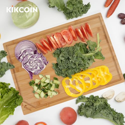 Kikcoin 17”×11” Bamboo Cutting Boards for Kitchen, Healthy Wooden Cutting Boards for Kitchen, Charcuterie, Extra Large Chopping Boards with Deep Juice Groove, Fathers Day Gift for Men, Natural