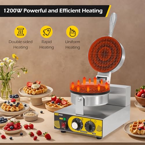 Dyna-Living Commercial Waffle Maker Restaurant, 1200W Professional Waffle Maker Commercial Waffle Iron Non-stick Classic Waffle Machine Electric Waffle Bowl Maker for Home, Hotel