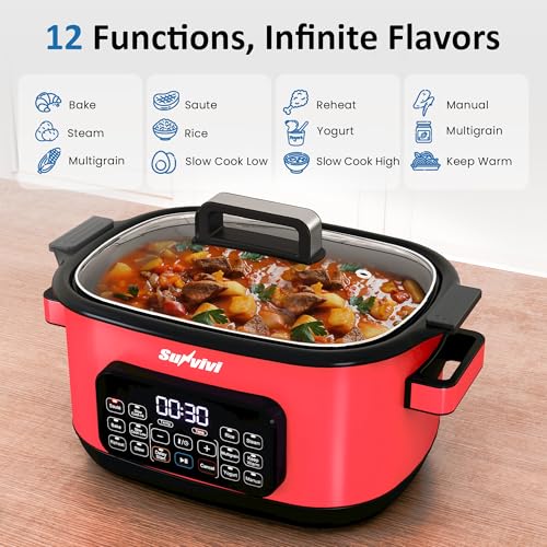 SUNVIVIPRO 12-in-1 Multicooker, 6.5QT Programmable Slow Cooker Roaster Oven