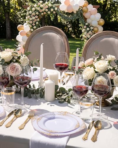 Nervure 350PCS Gold Plastic Plates - Gold Plastic Dinnerware Sets for 50 Guests - 100 Disposable Plates, 150 Silverware, 50 Cups, 50 Napkins for Wedding & Party