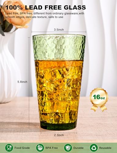 Amyoole Drinking Glasses Set of 8,16oz Green Highball Water Glasses,Stackable Lead-Free Hammered Glass Cups,Kitchen Drinkware Glassware for Cocktail,Beer,Juice,Iced Tea,Margaritas and Mixed Drinks