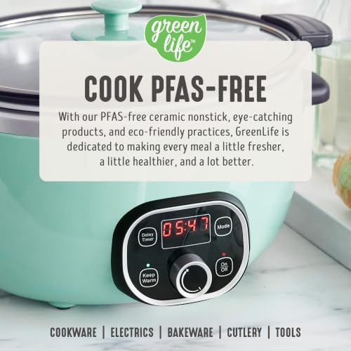 GreenLife 6QT Ceramic Slow Cooker, PFAS-Free, Programmable, Removable Healthy Nonstick Pot for Family Meals, Sear on Stovetop, Keep Warm, Digital Timer, Dishwasher Safe Crock, Turquoise