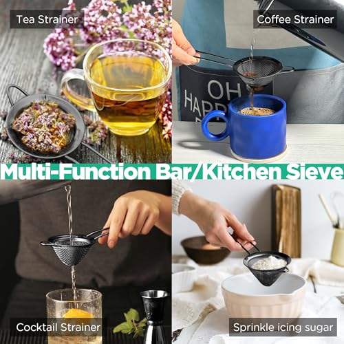 Homestia 304 Stainless Steel Fine Mesh Strainer for Kitchen, Cocktail Sieve Sifters for Food, Liquid Strainer Cup for Food, Drinks, Tea, Coffee, Juice, Noodles, Flour, Vegetable (Black)