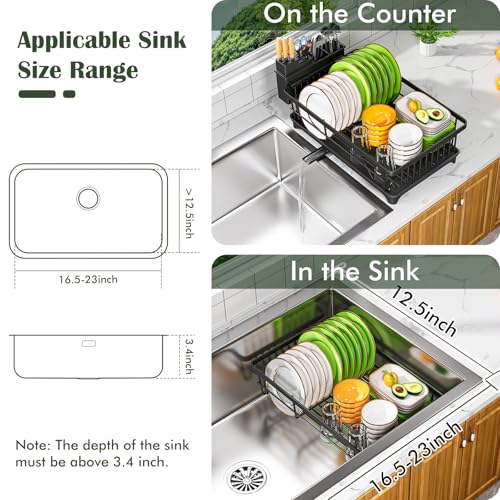 Kmiectse Dish Drying Rack - Space-Saving Small Dish Rack for Kitchen Counter, Rust-Resistant Kitchen Drying Rack, Compact Dish Drainer Organizer with Utensil Holder for Home Kitchen, Black