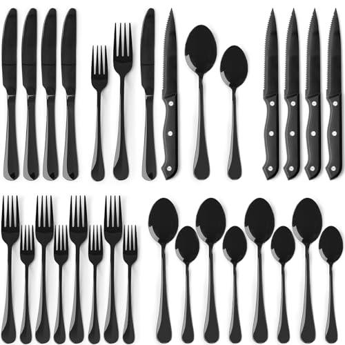 Astercook 24-Piece Black Silverware Set with Steak Knives Flatware Set for 4 Food-Grade Stainless Steel Cutlery Set Mirror