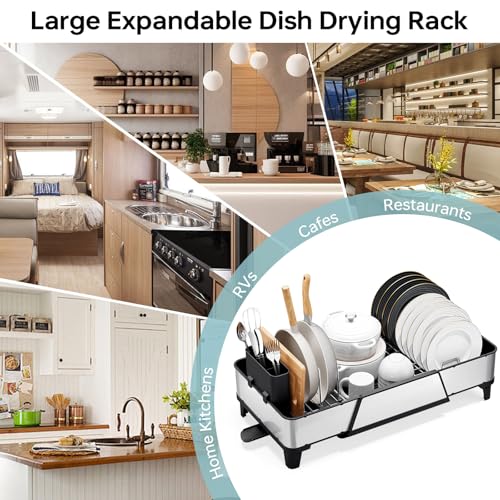 Urackify Large Dish Drying Rack - Triple Expandable Dish Rack for Kitchen Counter, Stainless Steel Sink Organization and Storage Essentials with Utensil & Pans Holder for Home and Appartment, Black