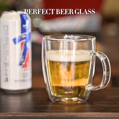 YUNCANG Double Wall Coffee Mugs, (4-Pcak) 16 Ounces-Clear Glass Cups with Handle,lnsulated,Cappuccino,Tea,Latte Cups,Beverage Glasses Heat Resistant