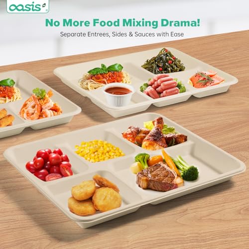 OasisSN 10x8 128-Pack 5-Compartment Divided Plates, Ideal for Light Meals, Kids Lunch, Meal Prep & Party, Heavy Duty Compostable Bagasse Plates, Microwave Safe, Natural