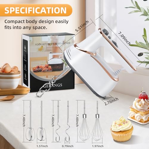 GELANGS Hand Mixer, 5-Speed Electric with Turbo Boost, White, Copper Motor, 400W, Dishwasher-Safe Attachments for Baking, Whipping, Dough