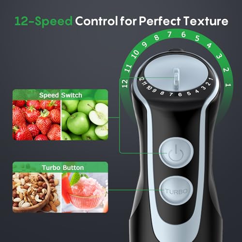 FRESKO Immersion Blender Handheld, Stainless Steel Hand Electric Stick Mixer with 12-Speeds & Turbo Mode, Powerful 500W Emulsion Blender with Beaker, Chopper & Whisk for Smoothie, Puree, Baby Food