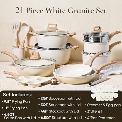 CAROTE 21pcs Pots and Pans Set, Nonstick Cookware Sets, Induction Cookware Kitchen Set Non Stick Cooking Set w/Frying Pans & Saucepans (PFOS, PFOA Free)
