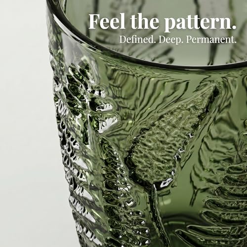 Green Drinking Glasses Set of 4, 12 oz Vintage Hand-Pressed Glass Cups, Fern Textured Highball Tumblers, Antique Style Boho Glassware for Water, Juice, Cocktails & Mocktails, Housewarming Gift Set