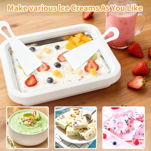 KeyDoors Rolled Ice Cream Maker with 2 Scrapers Food Grade Stainless Steel rolled ice cream tra for Frozen Yogurt/Slushie Birthday Gift Homemade DIY for Fun Parent-Child Activities Families (White)