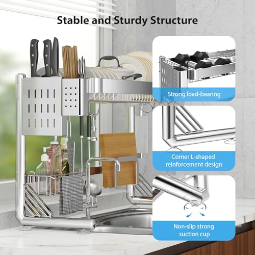 Shrivee Over The Sink Dish Drainer Drying Rack, 2 Tier Adjustable Width (20.87'' to 37.6'') 304 Stainless Steel Large Over Sink Dish Drying Rack for Kitchen Counter Organizer, (Silver)