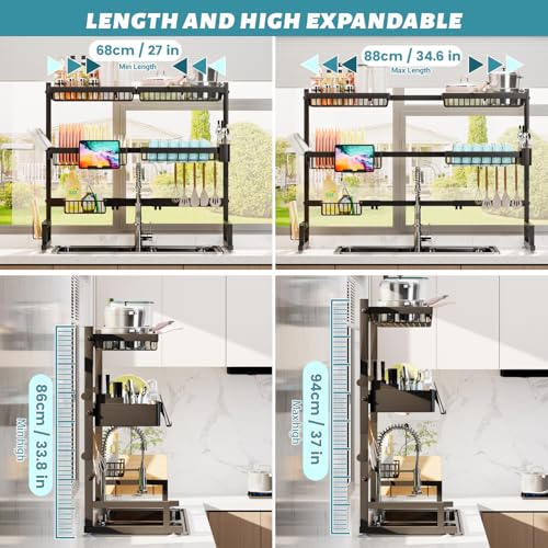 ADBIU Over The Sink Dish Drying Rack (Expandable Height and Length) Snap-On Design 2 Tier Large Dish Rack (27-40L x 12W x 32.5-37H (inches))