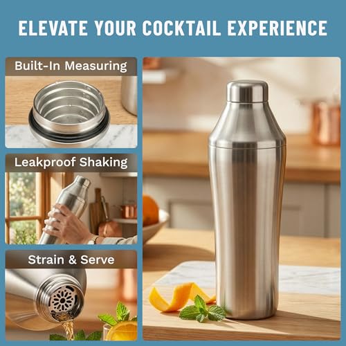 Elevated Craft Hybrid Cocktail Shaker - Premium Vacuum Insulated Stainless Steel Cocktail Shaker - Innovative Measuring System - Martini Shaker for the Home Bartender - 28oz Total Volume