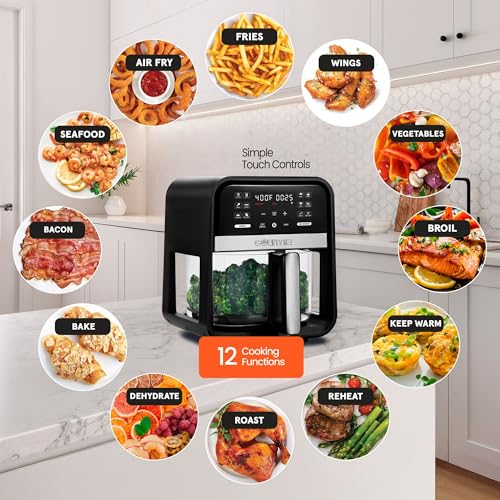 Gourmias 7-Quart Digital Air Fryer With Glass Basket, 12 One-Touch Presets, Oil-Free Crisp Technology, Touchscreen, Easy Clean, Large Family Capacity, Black