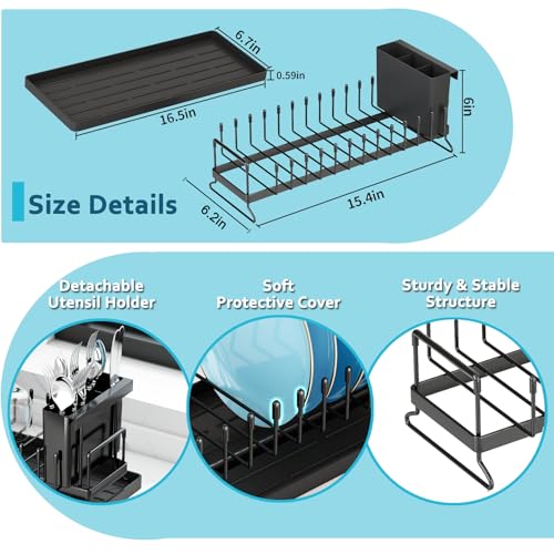 ANTOPY Small Dish Drying Rack - Compact Dish Rack for Kitchen Counter with Silicone Dish Drying Mat, Stainless Steel Dish Drainer for Kitchen Sink Cabinet, Space Saving Plate Rack Cutlery Holder
