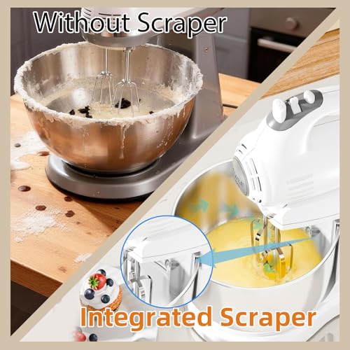Vikaluz 3.2QT 2-in-1 Stand Mixer, Electric Kitchen Mixer with Auto-Rotating Bowl & Tilt-Head, 5-Speed 250W Turbo Baking Machine for Beginners with Beater & Dough Hook for Cookie, Bread, Cake (White)