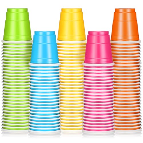 Roshtia 100 Pack 2 oz Plastic Shot Cups, Mini Disposable Shot Glasses 2 oz Wedding Party Cups for Bridal Shower Wedding Party, Beer Taste Serving, Snacks(Multi Colors)