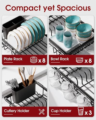 Sakugi Dish Drying Rack in Sink - Expandable Stainless Steel Dish Rack Over the Sink, Kitchen Sink Drain Strainer with Cutlery Holder & Cup Holders, 15.4 x 9.8 x 3.0 Inch, Black